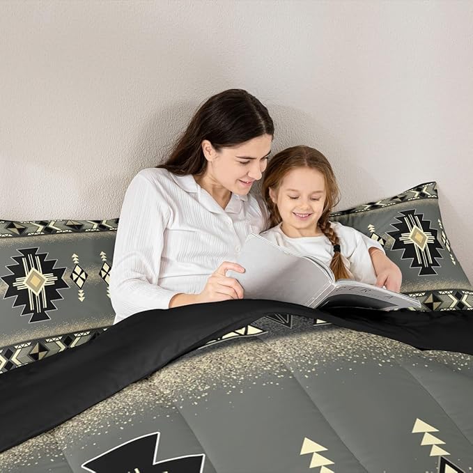 Erosebridal King Southwestern Aztec Comforter Set, Rustic Western Bedding Set, Exotic American Native Bedding Comforter Sets for Boys Teens Men Bedroom, Farmhouse Ethnic Geometric Quilt,Gray Black