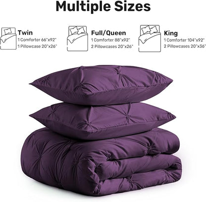 UNIKOME King Size Comforter Set Purple - Ultra Soft Boho Pintuck Down Alternative Bedding Set for All Seasons, 3 Pieces Lightweight Warm Pinch Pleat Bed Set with Comforter, 2 Pillowcases