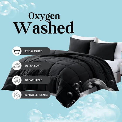 Casa Platino King Size Comforter Set - Pre-Washed Ultra Soft, Breathable & Cozy, 100% Brushed Microfiber Duvet Insert - Fade Resistant Bed Comforter - Black