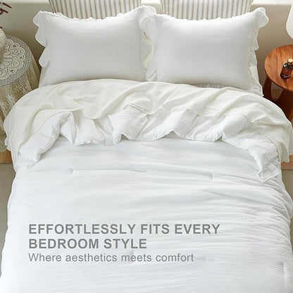 White Ruffle Comforter Set Twin, Pre-Washed Shabby Chic Bedding Set, Lightweight Cottagecore Soft Romantic Cozy 1 Comforter & 1 Sham, All-Season