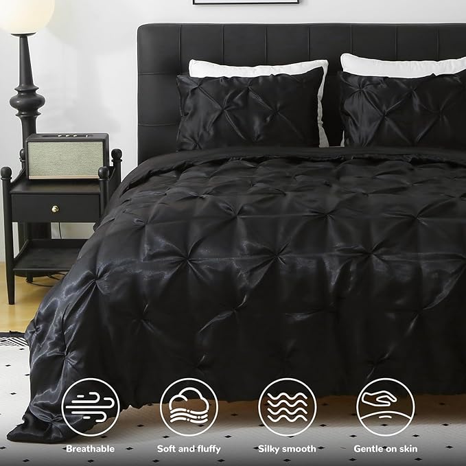 Satin Comforter Set Queen Size, 3-Piece Black Pinch Pleat Bedding Sets, Comforter, Pillowcases, Offering Exceptionally Soft and Smooth Comfort for All Season Use