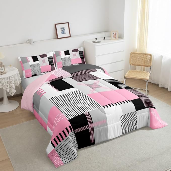 Erosebridal Pink Grey Girls Comforter Set King Black White Abstract Bedding Set for Kids Teen Women Geometric Square Quilt Grids Checkered Duvet Insert Modern Fashion Room Decor 3 Pcs