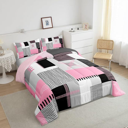Erosebridal Pink Grey Girls Comforter Set Full Black White Abstract Bedding Set for Kids Teen Women Geometric Square Quilt Grids Checkered Duvet Insert Modern Fashion Room Decor 3 Pcs