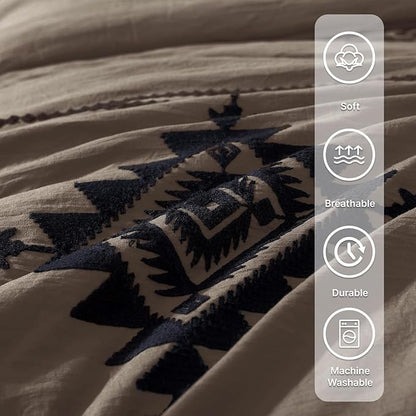 MaiRêve Embroidery Full Size Comforter Set Taupe Grey, Farmhouse Western Boho Bedding Set 7 Pieces, All Season Bed in A Bag Comforter Set with Sheets, Pillowcases & Shams