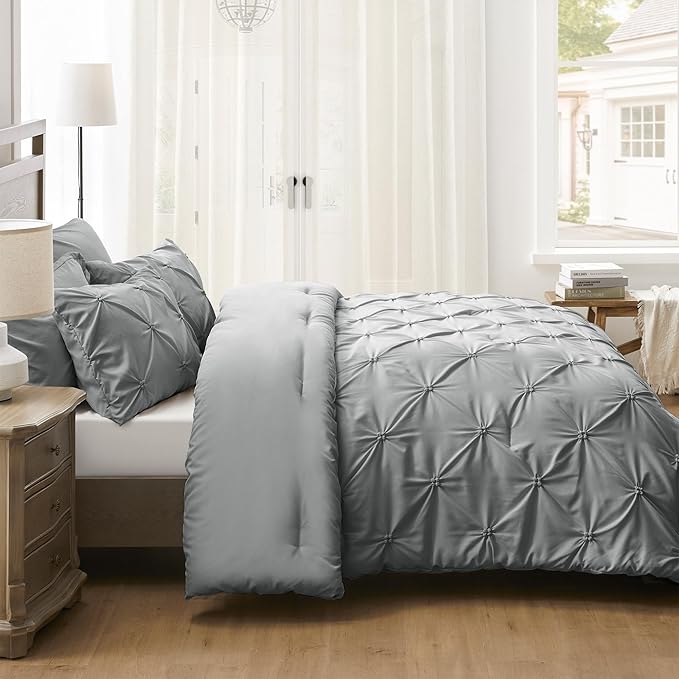 UNIKOME Queen Comforter Set Gray/Light Gray - Ultra Soft Boho Pintuck Down Alternative Bedding Set for All Seasons, 3 Pieces Lightweight Warm Pinch Pleat Bed Set with Comforter, 2 Pillowcases
