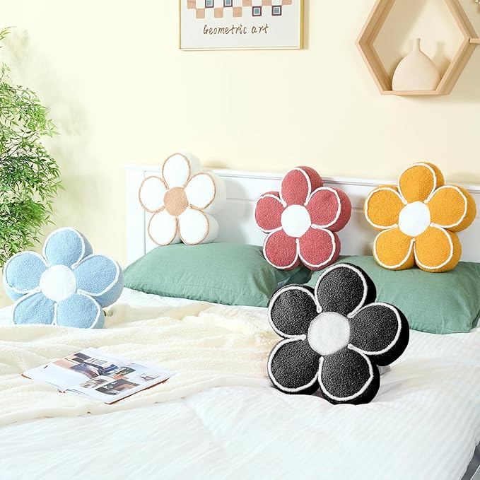 Sioloc Flower Shaped Pillow Daisy Pillows Floor Cushion Pastel Cute Seat Cushions Aesthetic Classroom Dorm Decorative Fun Throw Pillow for Bed,Couch(Black,19.7")