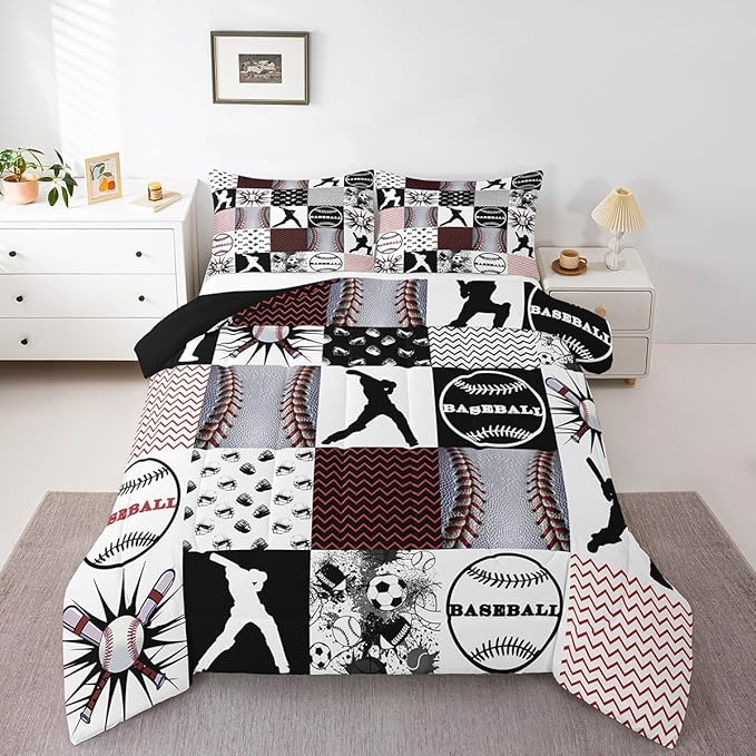Feelyou Rugby Sports Comforter Set King Size Football Comforter for Boys Girls Teens Baseball Bedding Set Basketball Duvet Set Room Decor Balck Grey White Mixed Ball Quilt Set