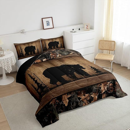 Erosebridal Rustic Farmhouse Comforter Set Country Cabin Bear Bedding Set Toddler,Tree Branches Woodland Camo Hunting Wildlife Bedding Comforter Sets for Teen Boys Men Camouflage Animal Quilt Set
