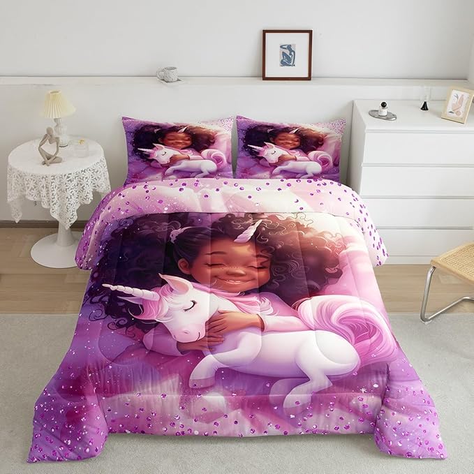 Black Cartoon Girl Comforter Set Twin Size,Cute Unicorn Castle Princess Bedding Set,Girls Women Room Decor,Girls African Glitter Sequins Down Comforter,Purple Romantic Duvet Insert,1 Pillowcase