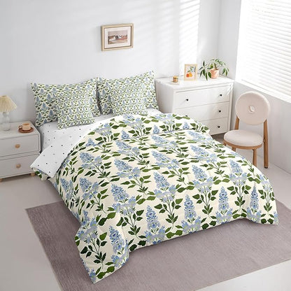 Feelyou Girls Flower Comforter Set with Sheets Queen Size 7 Pieces Kids Romantic Florals Pattern Bedding Set for Boys Women Teens Botanical Nature Garden Theme Bed in a Bag Room Decor