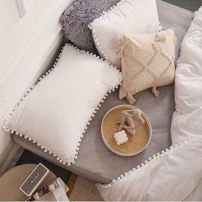 YIRDDEO Queen Comforter Set - Comforter Queen Size Sets with Ball Pom Fringe, Soft Bedding Set for All Seasons - 3 Pieces, 1 Comforter (90"x90") & 2 Pillow Shams (20"x26"), White