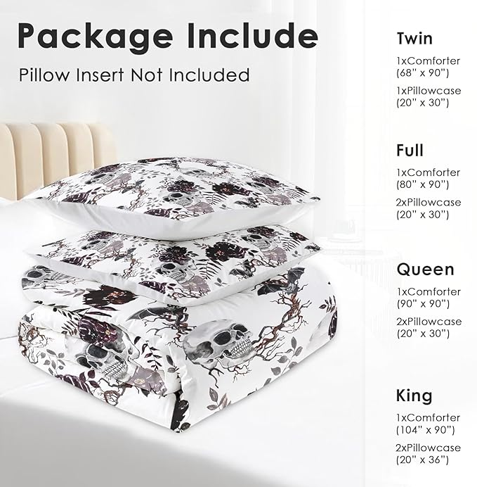 Comforter Set Queen Size, Vintage Sugar Soft 3 Pcs Bedding for Kids and Adults, Flower Dead Gothic Comforter Set with Pillowcase, for Bedroom Bed Decor