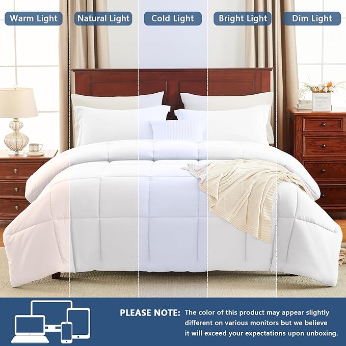 CozyLux King Size Comforter Set - White Comforter King Size, 3 Pieces Box Stitched Bed Set for All Seasons, Soft Lightweight Bedding Sets with 1 Down Alternative Comforter and 2 Pillow Shams