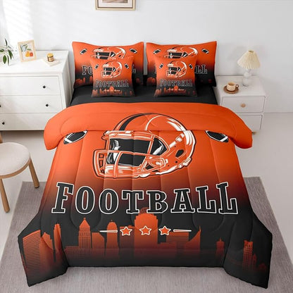 Erosebridal Football Comforter Set with Sheets King American Rugby 7 Piece Bedding Set for Boys Girls,Football City Bed in A Bag Orange Black Ombre Bed Set for Kids Teen Adults
