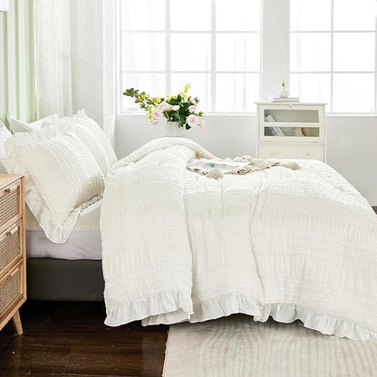 WONGS BEDDING White Comforter Set King,3 Pieces Ruffle Farmhouse Shabby Chic Boho Comforter for King Bed,Soft Textured Bedding Set with 1 Ruffle Comforter,2 Tufted Pillowcases 104"×90"