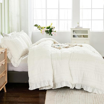 WONGS BEDDING White Queen Comforter Set,Boho Ruffle Comforter for Queen Bed,Soft Seersucker Shabby Chic Bedding Set with 1 Comforter,2 Tufted Pillowcases 90"×90"