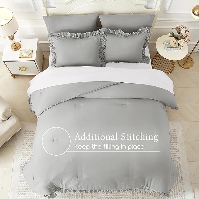 ARTALL Twin Comforter Set Reyna Ruffled Comforter Sets 2 Pieces with 1 Pillow Sham, Vintage Farmhouse Shabby Chic Bedding Soft Fluffy Comforter Set All Season for Teens and Girls, Light Grey