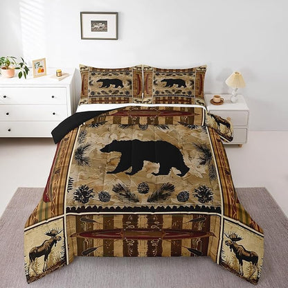 Feelyou Black Bear Comforter Set Full Western Rustic Cabin Decor Bedding Tribal Forest Animals Comforter Elk Wildlife Hunting Down Bear Deer Patchwork Quilt Set Nordic Bedroom Decor