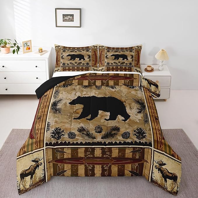 Feelyou Black Bear Comforter Set Queen Western Rustic Cabin Decor Bedding Tribal Forest Animals Comforter Elk Wildlife Hunting Down Bear Deer Patchwork Quilt Set Nordic Bedroom Decor