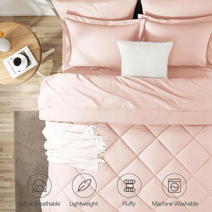 CozyLux Queen Comforter Set Blush Pink - Bed in a Bag Queen Size 7 Pieces, Luxury Soft Bed Set for All Seasons, Bedding Set with Down Alternative Comforter, Sheets, Pillowcases & Shams