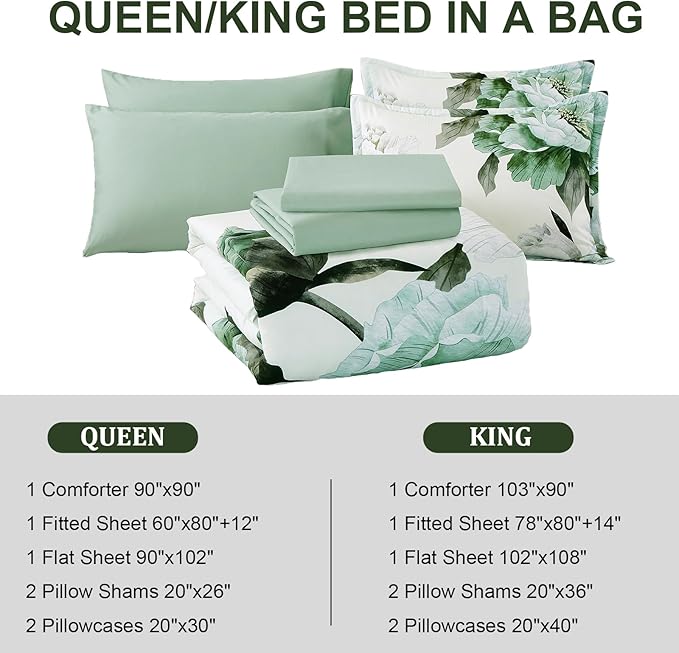 Dobuyly Green Comforter Set King Size 7 Piece Bed in a Bag King, Sage Green Floral Printed Comforter Set with Sheets, Soft Microfiber Botanical Flower Complete Bedding Set for All Season