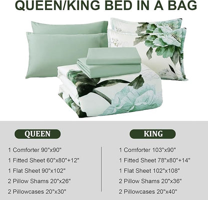 Dobuyly Green Queen Comforter Set 7 Piece Bed in a Bag Queen, Sage Green Floral Printed Comforter Set with Sheets, Soft Microfiber Botanical Flower Complete Bedding Set for All Season