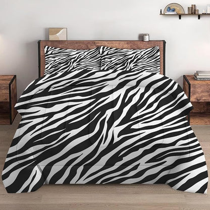 Comforter Set Full Size, Zebra Stripe Vintage Animal Soft Bedding Set for Kids and Adults, Black White Tiger Comforter Set with Pillowcase, for Bedroom Bed Decor