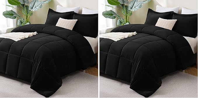 CozyLux Queen Comforter Set Black - 3 Pieces Box Stitched Comforters Queen Size, Soft Bed Set for All Seasons, Lightweight Bedding Sets with 1 Down Alternative Comforter and 2 Pillow Shams (Pack of 2)