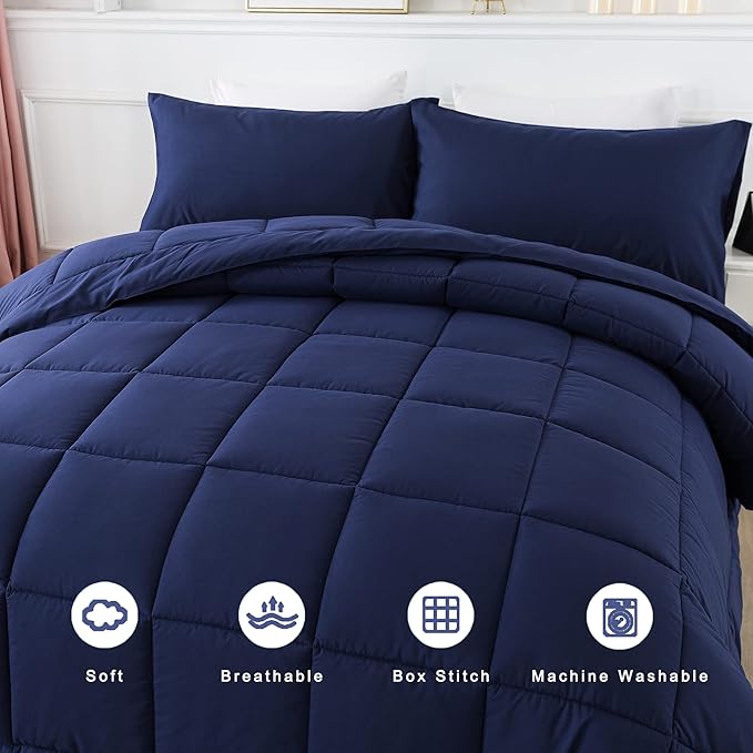DOWNCOOL Queen Comforter Set -All Season Bedding Comforters Sets with 2 Pillow Cases -3 Pieces Bedding Sets Queen -Down Alternative Navy Comforter Set for Queen Size Bed(88"x92")