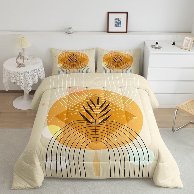 Geometric Stripe Bedding Set Twin Retro Aesthetic Comforter Set, Beige Minimalism Duvet Insert Modern Artwork Quilt Comforter, Mid Century Bedding Comforters & Sets with 1 Pillowcase Super Cozy