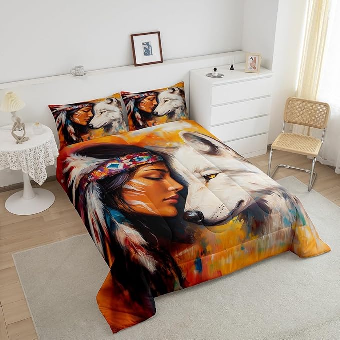 Erosebridal Hunting Wolf Queen Comforter Set,Indian Woman and Wolf Bedding Set for Men Women Room Decor,Exotic Ethnic Aztec Bed Set Wildlife Bedding Comforter Sets,2 Pillowcases