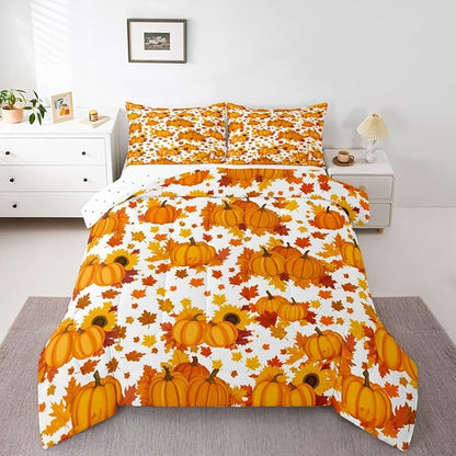 Erosebridal Fall Pumpkin Comforter Set Full Autumn Maple Leaves Bedding Set Thanksgiving Harvest Season Decor Comforter for Home,Rustic Farmhouse Sunflower Quilt Duvet Set 2 Pillow Cases Orange White