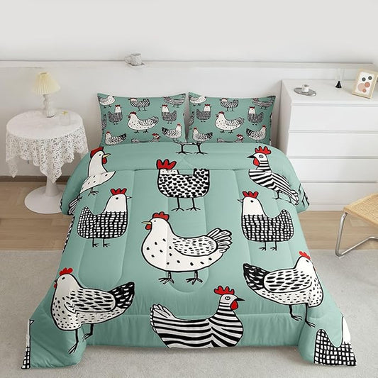 Erosebridal Chicken Comforter, Cartoon Chick Bedding Set, Cute Farmhouse Animal Down Comforter Twin Size, Teal Black Quilted Duvet Lightweight Bedroom Decor for Kids Boys Girls, 1 Pillow Case