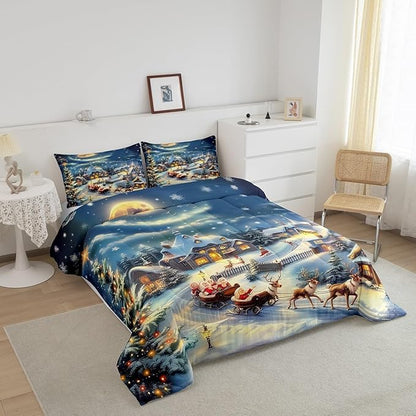 Christmas Santa Claus Comforter Set Queen Size,Xmas Tree Elk Sledge Bedding Set 3Pcs,Winter Rustic Country Quilt Set Kids Girls Boys Room Decor,Night Snow Scenery Duvet Insert,2 Pillowcases