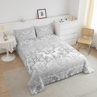 Feelyou Adults Silver Vintage Damask Floral Comforter Set Oriental Antique Comforter Full Size Gothic Bohemia Boho Flower Bedding Set Gothic Skull Duvet Set Quilt Set 3Pcs