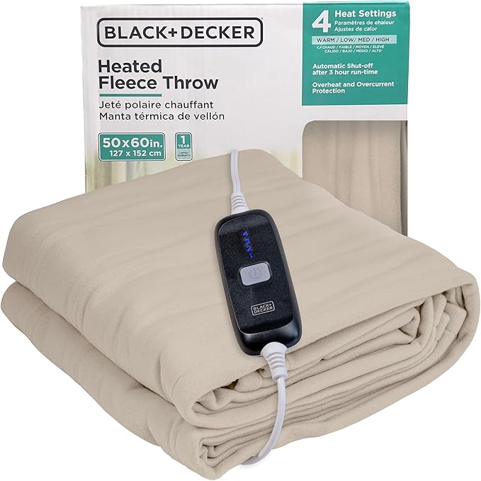 BLACK+DECKER Heated Blanket Electric Throw, Fleece Electric Blanket, Heating Blanket with 4 Heating Levels, 3H Timer, Auto Shutoff, Fast Heating (50x60 inches, Cream)