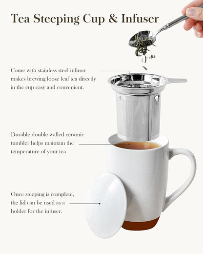 MALACASA Ceramic Tea Mug with Lid and Stainless Steel Infuser, 18 oz Large Tea Cup for Loose Leaf Tea, Heat-Resistant, Microwave & Dishwasher Safe, Speckled Glaze Coffee & Tea Brewer Mug, Khaki White