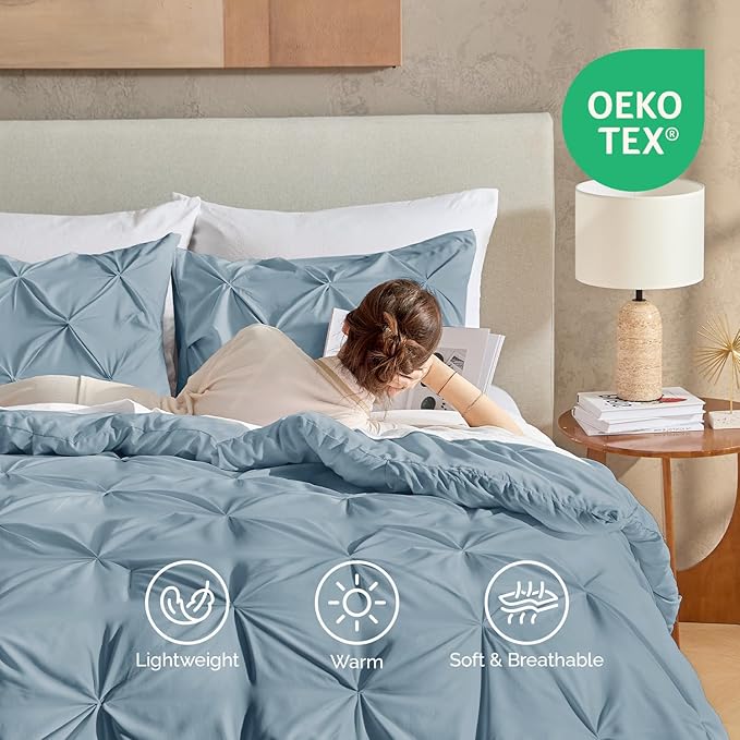 Andency Grayish Blue Comforter Set King, 3 Pieces Boho Pinch Pleat Bedding Comforter, All Season Soft Lightweight Modern Solid Bed Comforter Set