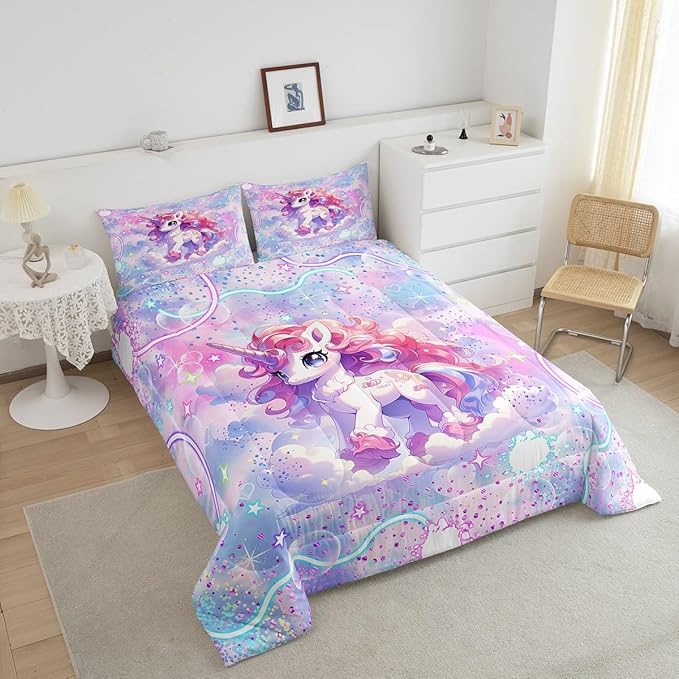 Unicorn Comforter Set Queen Size,Kawaii Pink Blue Unicorn Bedding Set for Girls Bedroom Decoration,Rainbow Glitter Galaxy Bed Duvet Insert,Watercolor Love Pattern Comforter with 2 Pillowcases