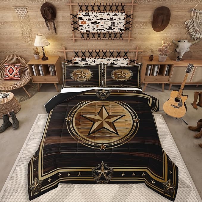 Erosebridal Western Texas Star Bedding Set Full Size, Boys Southwestern Decor Comforter Set Vintage Country Cowboy Duvet Insert Rustic Farmhouse Quilt for Kids Teens Youth Adult Bedroom Decor