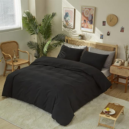Pureant Black Comforter Queen Solid Color Bedding Set Pure Black Queen Comforter for Women Men Soft Breathable Dark Color Comforter Set 3 Pieces Lightweight Adults Queen Size Bed