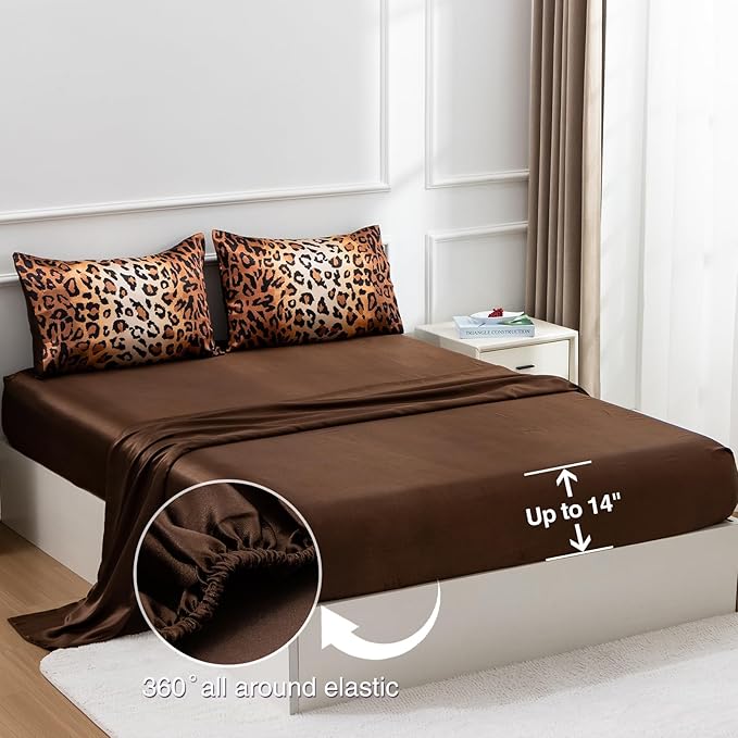 A Nice Night Leopard Printed,Silver Grey Satin Silky Soft Quilt Sexy Luxury Super Soft Microfiber Comforter Quilt Bedding 5PCS Comforter Set, Light Weighted (Coffee, Queen(88-by-88-inches))