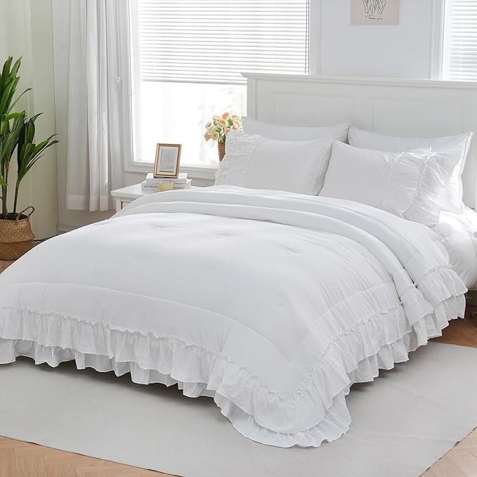 Boho Bedding King White Comforter Set Shabby Chic Beddings 2 Layers Ruffle Home Decor Farmhouse Bed Comforter