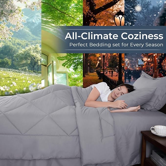 HEVUMYI Light Grey Twin-XL Comforter Set - 5-Piece All Season Bed in a Bag Twin-XL, Ultra Soft Bedding Set with Comforter, Flat Sheet, Fitted Sheet, Pillowcases, Pillow Shams, Light Gray