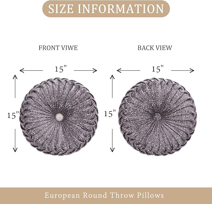 EUCIOR Round Throw Pillows,Grey Pillows,Gray and Silver Pillows,Grey Decorative Pillow,Pumpkin Pleated Handmade Gray Round Velvet Decorative Pillow for Sofa Bedroom Livingroom(Silver-Gray)