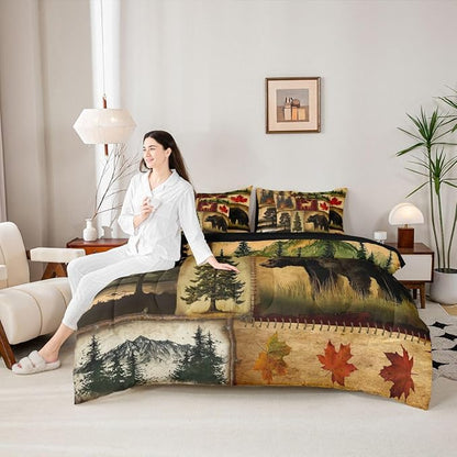Erosebridal Rustic Farmhouse Comforter Set 7 Pcs Queen,Retro Cabin Lodge Down Comforter,Hunting Bear Deer Bed in a Bag,Country Maple Leaves Duvet Insert,Rustic Woodland Pine Tree Sheets,Red Brown