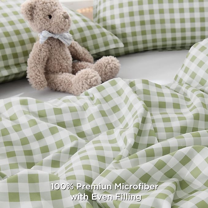 Andency Sage Gingham Comforter Set Queen(90x90Inch), Green Checkered Grid Plaid Buffalo Bed Set for Girls Boys Kids Teens, 3 Pieces Lightweight Microfiber Geometric Preppy Bedding