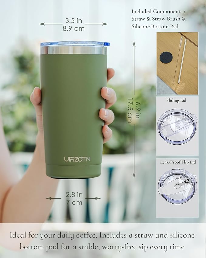 Travel Coffee Tumbler 20oz, Leakproof Travel Coffee Mug with Dual Lids and Straw, Stainless Steel Double Wall Vacuum Insulated Tumbler for Hot/Iced Drinks (Army Green, Textured Matte)