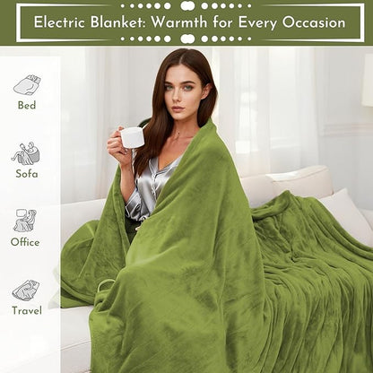 Electric Heated Blanket 84"x90" Queen Size Flannel Heated Blanket, Cozy & Warm for All Night, 5 Heat Settings & 10 Hours Auto Off, Machine Washable, Light Grass Green