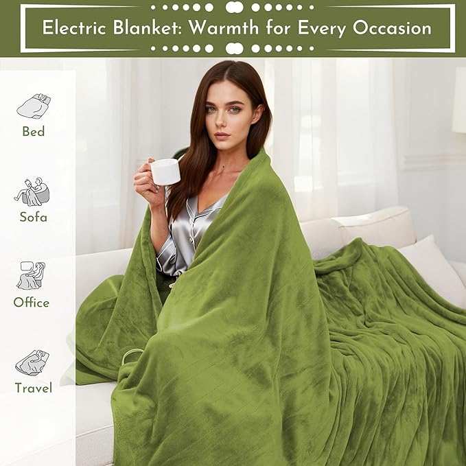 Electric Heated Blanket 72"x84" Full Size Flannel Heated Blanket, Cozy & Warm for All Night, 5 Heat Settings & 10 Hours Auto Off, Machine Washable, Light Grass Green